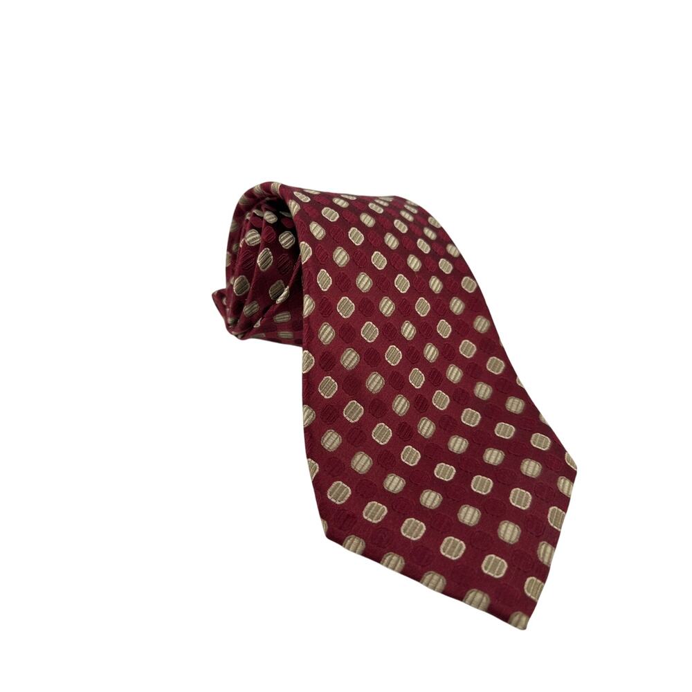 Jones New York Men's Silk Tie Red Burgundy Gold Geometric Dot Classic Necktie